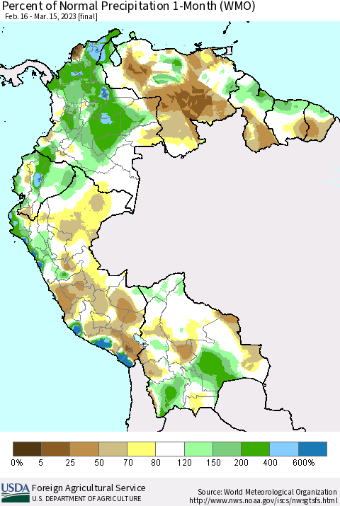 Northern South America Percent of Normal Precipitation 1-Month (WMO) Thematic Map For 2/16/2023 - 3/15/2023