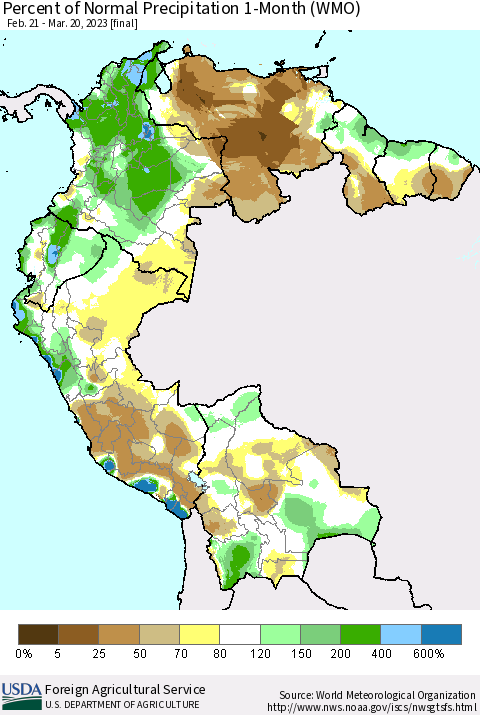 Northern South America Percent of Normal Precipitation 1-Month (WMO) Thematic Map For 2/21/2023 - 3/20/2023
