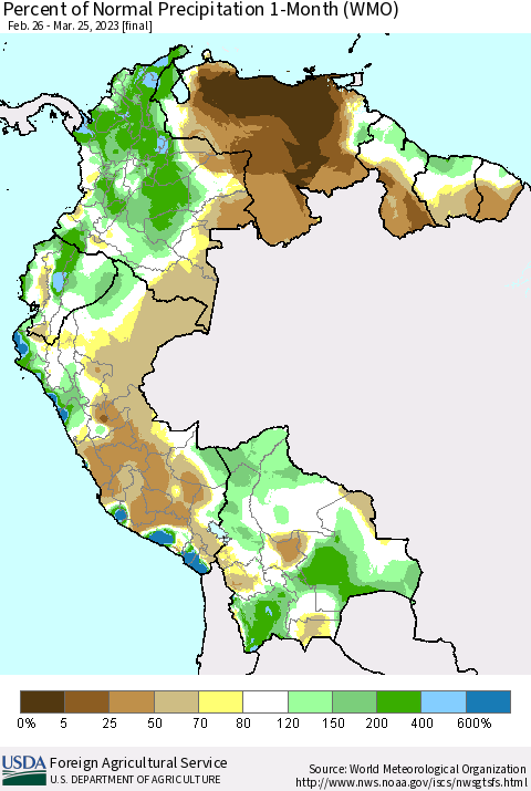 Northern South America Percent of Normal Precipitation 1-Month (WMO) Thematic Map For 2/26/2023 - 3/25/2023