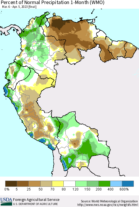 Northern South America Percent of Normal Precipitation 1-Month (WMO) Thematic Map For 3/6/2023 - 4/5/2023