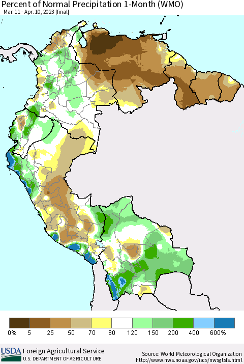 Northern South America Percent of Normal Precipitation 1-Month (WMO) Thematic Map For 3/11/2023 - 4/10/2023