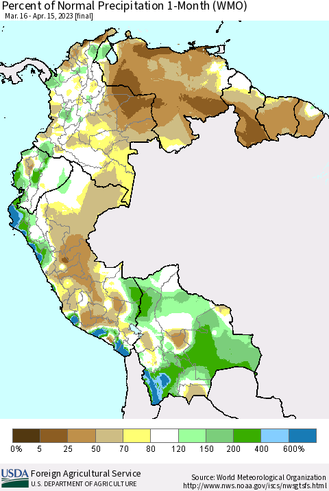 Northern South America Percent of Normal Precipitation 1-Month (WMO) Thematic Map For 3/16/2023 - 4/15/2023