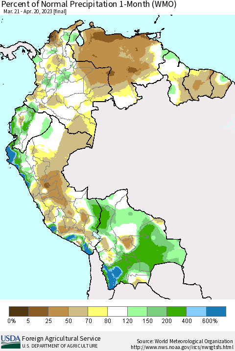 Northern South America Percent of Normal Precipitation 1-Month (WMO) Thematic Map For 3/21/2023 - 4/20/2023