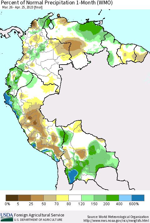 Northern South America Percent of Normal Precipitation 1-Month (WMO) Thematic Map For 3/26/2023 - 4/25/2023