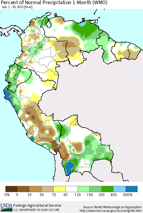 Northern South America Percent of Normal Precipitation 1-Month (WMO) Thematic Map For 4/1/2023 - 4/30/2023