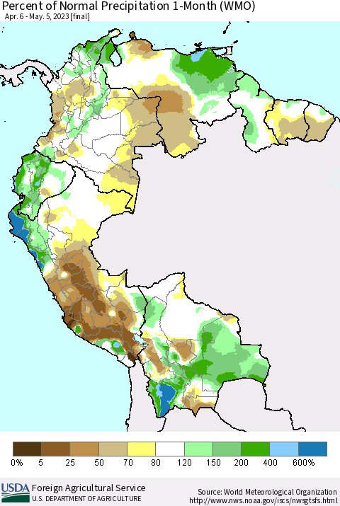 Northern South America Percent of Normal Precipitation 1-Month (WMO) Thematic Map For 4/6/2023 - 5/5/2023
