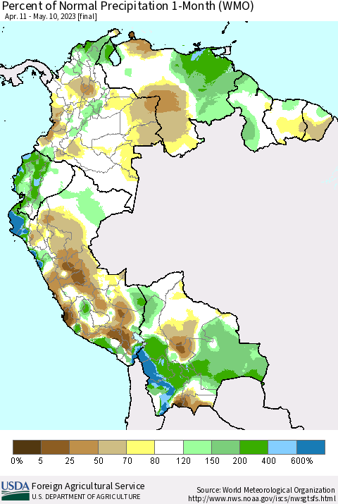 Northern South America Percent of Normal Precipitation 1-Month (WMO) Thematic Map For 4/11/2023 - 5/10/2023