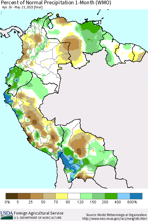 Northern South America Percent of Normal Precipitation 1-Month (WMO) Thematic Map For 4/16/2023 - 5/15/2023