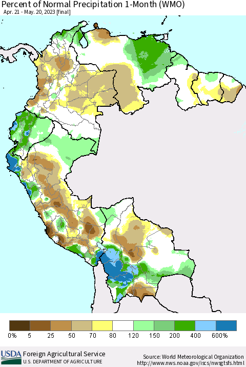 Northern South America Percent of Normal Precipitation 1-Month (WMO) Thematic Map For 4/21/2023 - 5/20/2023