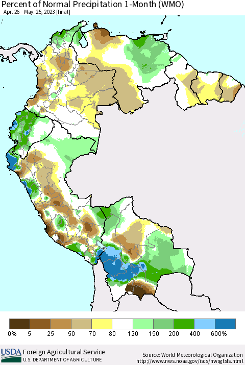 Northern South America Percent of Normal Precipitation 1-Month (WMO) Thematic Map For 4/26/2023 - 5/25/2023