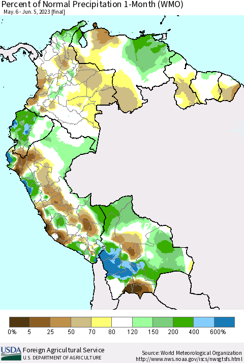 Northern South America Percent of Normal Precipitation 1-Month (WMO) Thematic Map For 5/6/2023 - 6/5/2023