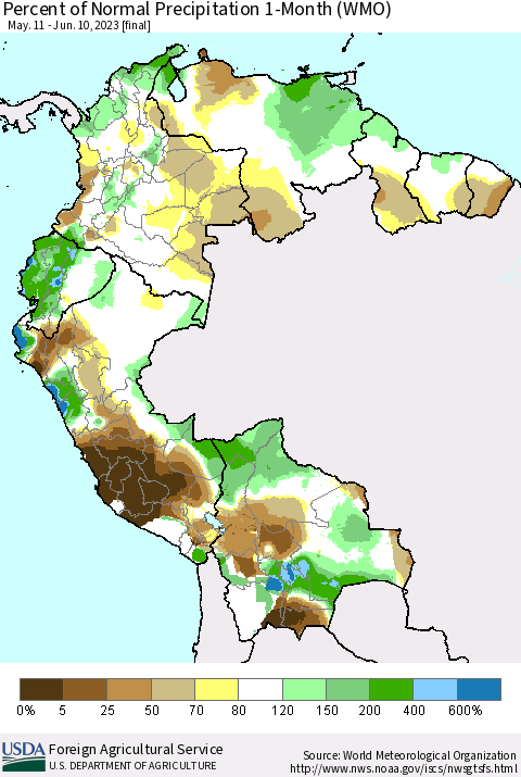 Northern South America Percent of Normal Precipitation 1-Month (WMO) Thematic Map For 5/11/2023 - 6/10/2023