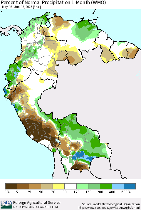 Northern South America Percent of Normal Precipitation 1-Month (WMO) Thematic Map For 5/16/2023 - 6/15/2023