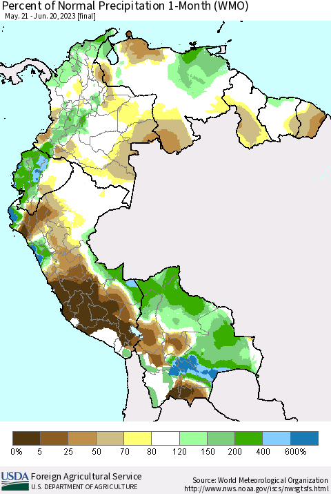 Northern South America Percent of Normal Precipitation 1-Month (WMO) Thematic Map For 5/21/2023 - 6/20/2023
