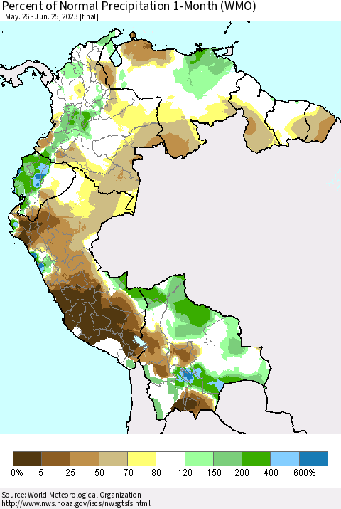 Northern South America Percent of Normal Precipitation 1-Month (WMO) Thematic Map For 5/26/2023 - 6/25/2023