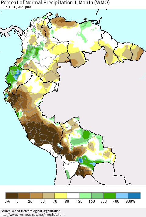 Northern South America Percent of Normal Precipitation 1-Month (WMO) Thematic Map For 6/1/2023 - 6/30/2023