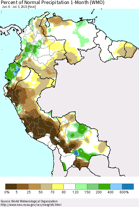 Northern South America Percent of Normal Precipitation 1-Month (WMO) Thematic Map For 6/6/2023 - 7/5/2023