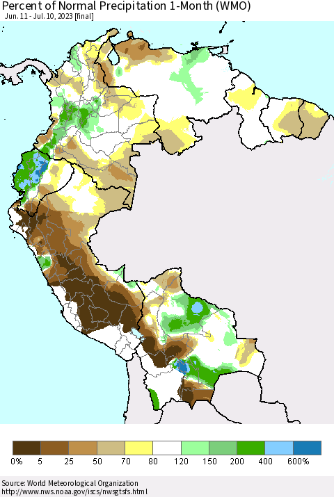 Northern South America Percent of Normal Precipitation 1-Month (WMO) Thematic Map For 6/11/2023 - 7/10/2023