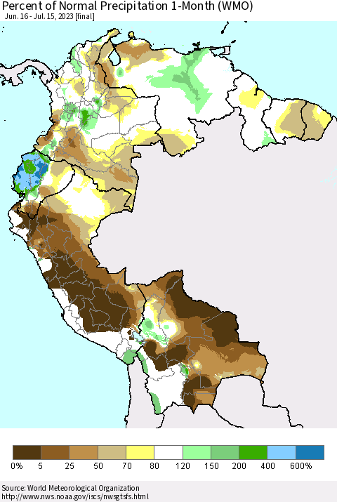 Northern South America Percent of Normal Precipitation 1-Month (WMO) Thematic Map For 6/16/2023 - 7/15/2023