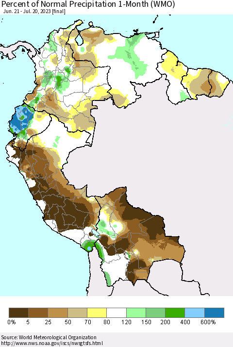 Northern South America Percent of Normal Precipitation 1-Month (WMO) Thematic Map For 6/21/2023 - 7/20/2023