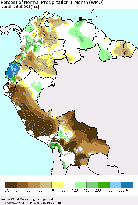 Northern South America Percent of Normal Precipitation 1-Month (WMO) Thematic Map For 6/26/2023 - 7/25/2023