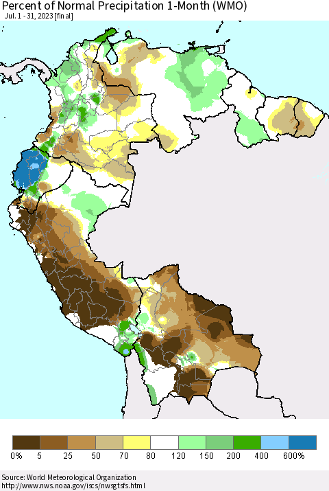 Northern South America Percent of Normal Precipitation 1-Month (WMO) Thematic Map For 7/1/2023 - 7/31/2023