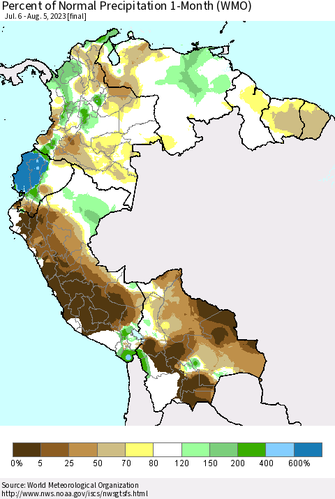 Northern South America Percent of Normal Precipitation 1-Month (WMO) Thematic Map For 7/6/2023 - 8/5/2023
