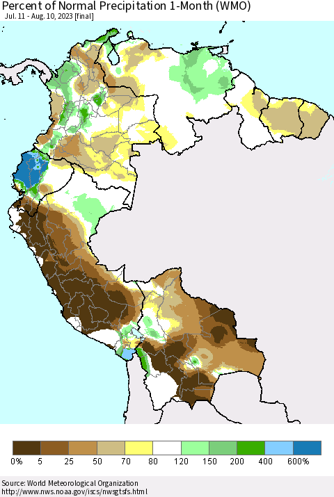 Northern South America Percent of Normal Precipitation 1-Month (WMO) Thematic Map For 7/11/2023 - 8/10/2023
