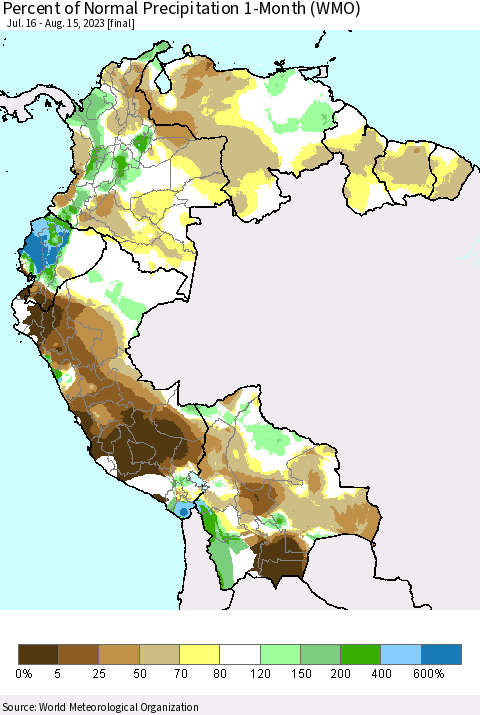 Northern South America Percent of Normal Precipitation 1-Month (WMO) Thematic Map For 7/16/2023 - 8/15/2023