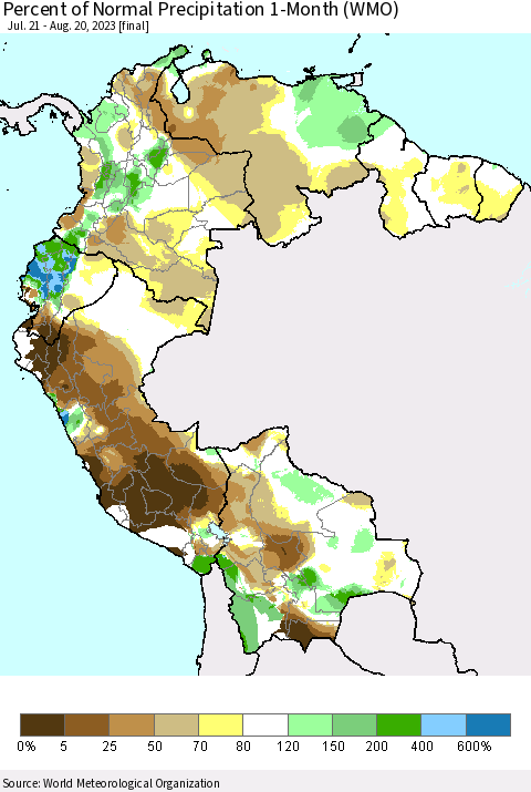 Northern South America Percent of Normal Precipitation 1-Month (WMO) Thematic Map For 7/21/2023 - 8/20/2023