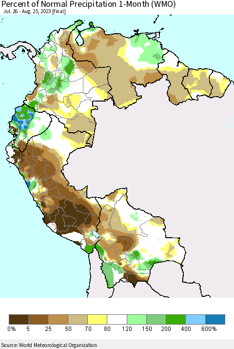 Northern South America Percent of Normal Precipitation 1-Month (WMO) Thematic Map For 7/26/2023 - 8/25/2023