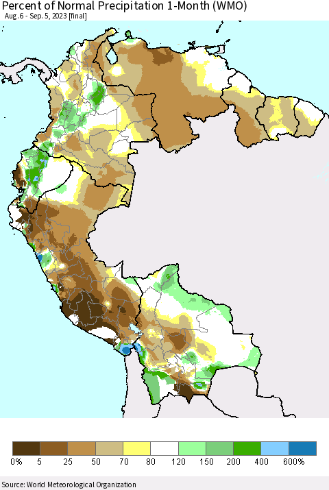 Northern South America Percent of Normal Precipitation 1-Month (WMO) Thematic Map For 8/6/2023 - 9/5/2023