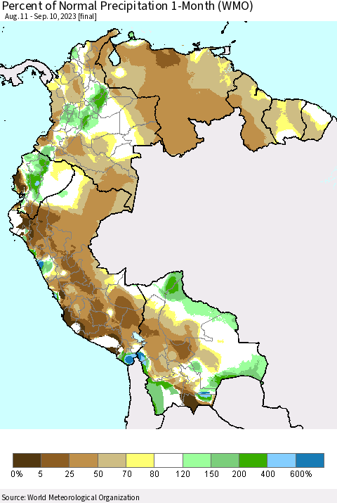 Northern South America Percent of Normal Precipitation 1-Month (WMO) Thematic Map For 8/11/2023 - 9/10/2023