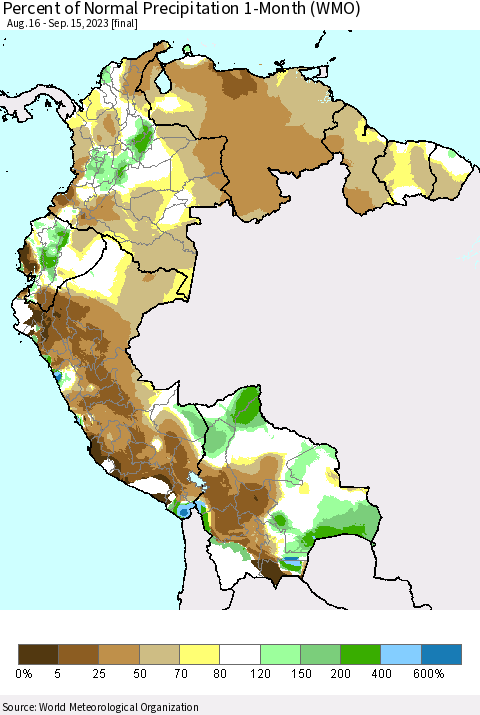 Northern South America Percent of Normal Precipitation 1-Month (WMO) Thematic Map For 8/16/2023 - 9/15/2023