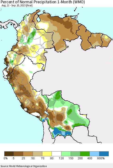 Northern South America Percent of Normal Precipitation 1-Month (WMO) Thematic Map For 8/21/2023 - 9/20/2023