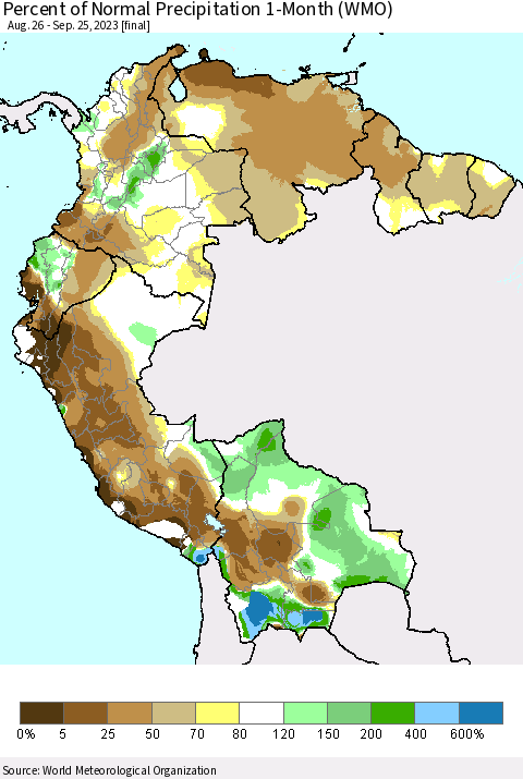 Northern South America Percent of Normal Precipitation 1-Month (WMO) Thematic Map For 8/26/2023 - 9/25/2023