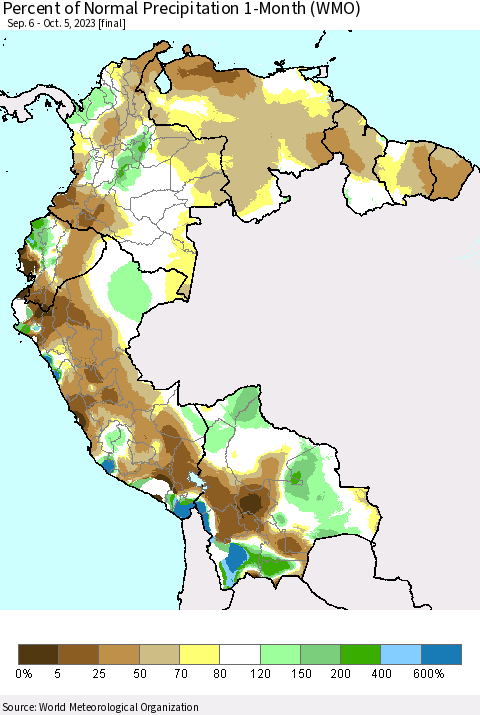 Northern South America Percent of Normal Precipitation 1-Month (WMO) Thematic Map For 9/6/2023 - 10/5/2023