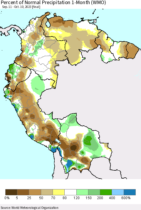 Northern South America Percent of Normal Precipitation 1-Month (WMO) Thematic Map For 9/11/2023 - 10/10/2023