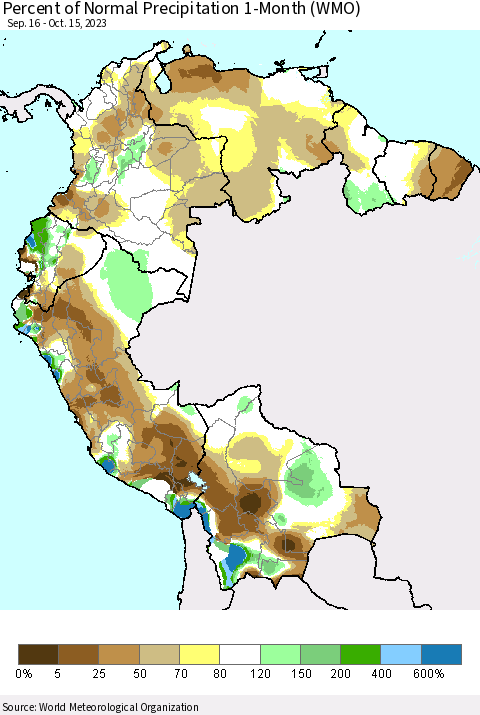Northern South America Percent of Normal Precipitation 1-Month (WMO) Thematic Map For 9/16/2023 - 10/15/2023