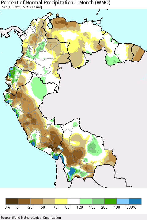 Northern South America Percent of Normal Precipitation 1-Month (WMO) Thematic Map For 9/16/2023 - 10/15/2023