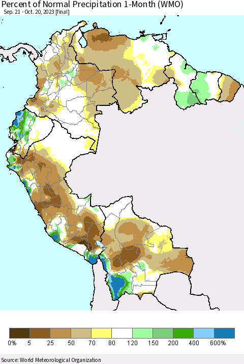 Northern South America Percent of Normal Precipitation 1-Month (WMO) Thematic Map For 9/21/2023 - 10/20/2023