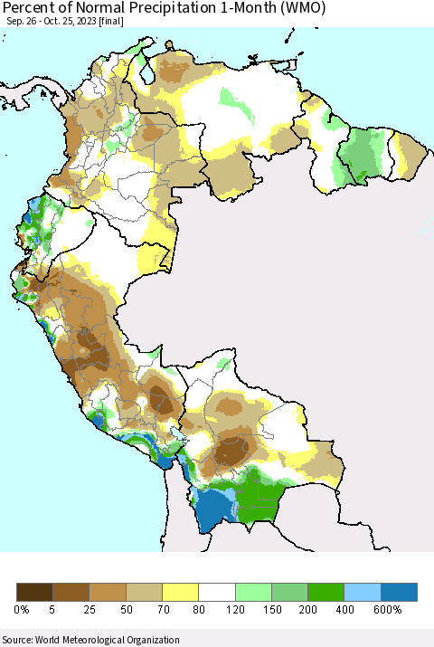 Northern South America Percent of Normal Precipitation 1-Month (WMO) Thematic Map For 9/26/2023 - 10/25/2023