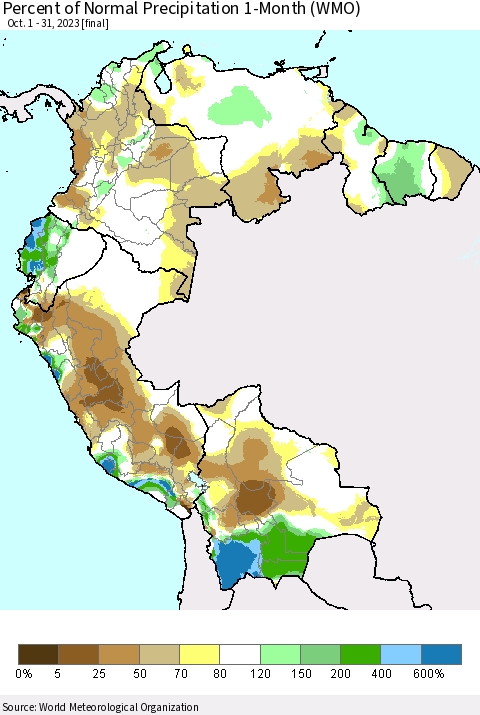 Northern South America Percent of Normal Precipitation 1-Month (WMO) Thematic Map For 10/1/2023 - 10/31/2023