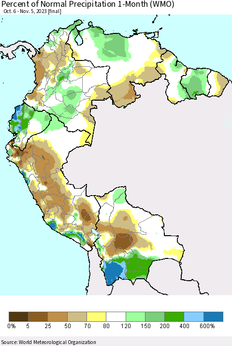Northern South America Percent of Normal Precipitation 1-Month (WMO) Thematic Map For 10/6/2023 - 11/5/2023