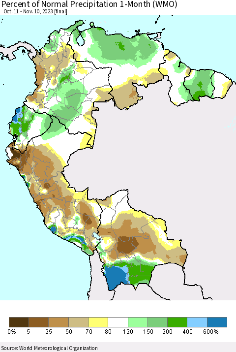 Northern South America Percent of Normal Precipitation 1-Month (WMO) Thematic Map For 10/11/2023 - 11/10/2023