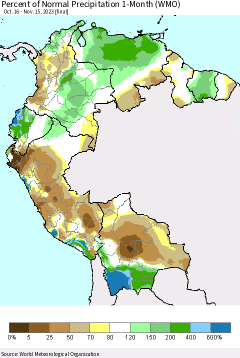 Northern South America Percent of Normal Precipitation 1-Month (WMO) Thematic Map For 10/16/2023 - 11/15/2023