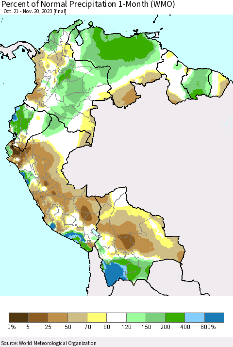Northern South America Percent of Normal Precipitation 1-Month (WMO) Thematic Map For 10/21/2023 - 11/20/2023