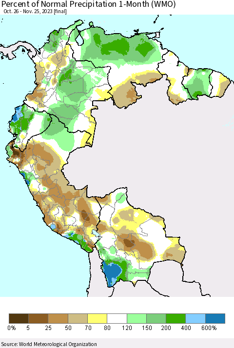 Northern South America Percent of Normal Precipitation 1-Month (WMO) Thematic Map For 10/26/2023 - 11/25/2023