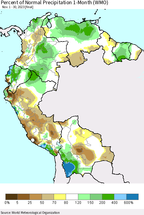 Northern South America Percent of Normal Precipitation 1-Month (WMO) Thematic Map For 11/1/2023 - 11/30/2023