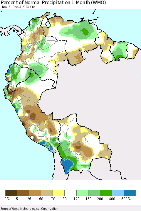 Northern South America Percent of Normal Precipitation 1-Month (WMO) Thematic Map For 11/6/2023 - 12/5/2023